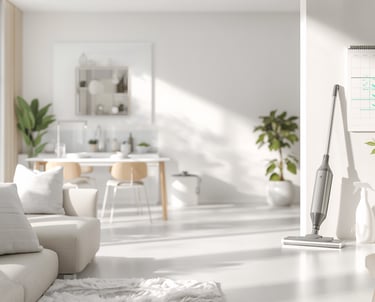 Cordless electric mop cleaning a bright modern minimalist apartment with natural light and house plants.