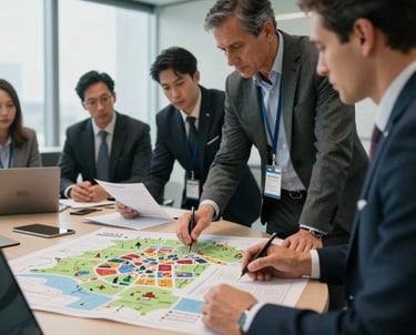 A professional North American / US boardroom setting where strategic planners are looking over community maps and documents, high-end photography, sophisticated lighting, representing responsible resource management.