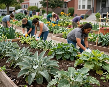 A wide photography shot of a collaborative community garden in a North American / US urban neighborhood, community members working together, vibrant sage and leaf green vegetation, symbolizing resilience and strength.