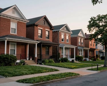 A wide shot of a classic Detroit residential street with well-maintained brick houses and green lawns, representing a safe and supportive community environment, soft evening light.