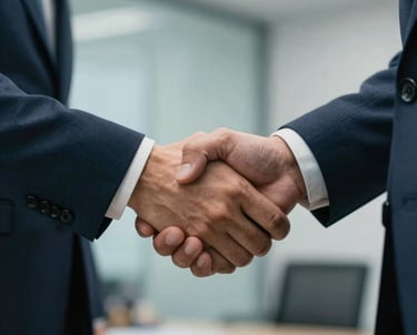 A close-up of two people shaking hands in a North American / US (Detroit, Michigan) office setting, wearing professional attire in muted blue and teal, conveying trust and partnership.