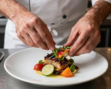 Action shot of a chef plating a sophisticated Mexican dish with precision, focus on hands and vibrant colors of the food, gourmet kitchen setting.