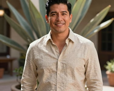Professional portrait of a male event manager in a Beige linen shirt, standing in a sunlit courtyard with Sage Green plants, North American / Mexican-American.