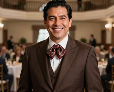 Portrait of a friendly man in a sharp Dark Brown suit standing in an elegant banquet hall, North American / Mexican-American style, professional hospitality headshot.