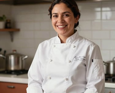 Professional portrait of Chef Emma López-Padilla in a white chef coat, smiling warmly in a bright, modern kitchen with Terracotta accents, North American / Mexican-American.