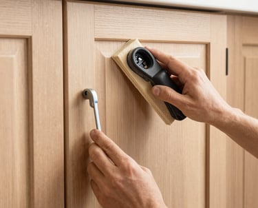 A craftsman carefully sanding a wooden countertop in a bright kitchen under renovation. white hands