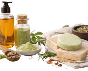 Natural skincare products including handmade soap bars, botanical oils, and herbal powders on a dark background.