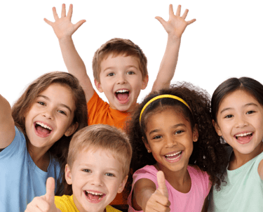 A diverse group of happy children cheering and giving thumbs up on a black background.