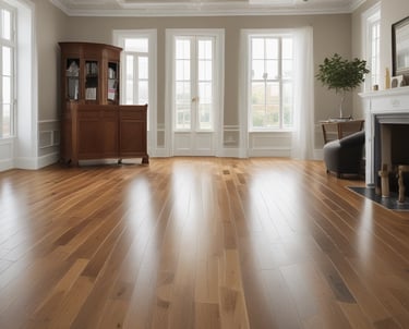 Close-up of a craftsman carefully sanding a wooden parquet floor in a cozy living room.