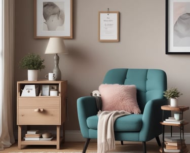A cozy reading nook with a stack of Soft Corner Publishing books and a warm lamp.