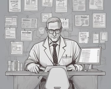 A frustrated team in a meeting room surrounded by scattered papers and charts.