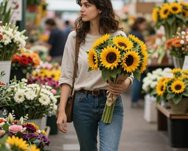 A North American individual walking through a colorful flower market, holding a paper-wrapped bunch of bright sunflowers, soft natural light, clean aesthetic.