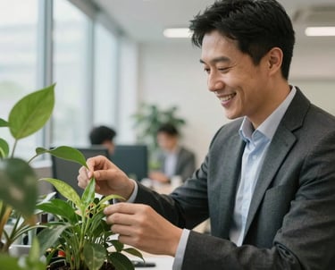 A professional consultant smiling while examining healthy green plants in a bright, modern North American office, airy and inspiring atmosphere.