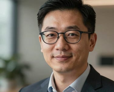 A professional headshot of a male branding specialist with glasses and a friendly expression, Global B2B corporate style.