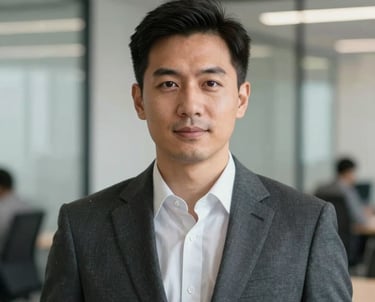 A professional headshot of a male executive in a charcoal suit, set against a clean, out-of-focus modern office background. Global B2B corporate style.