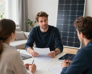 Engineer discussing photovoltaic system plans with client in modern office.