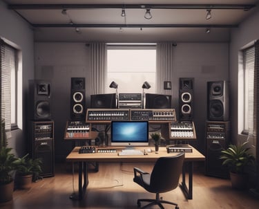 A professional music studio with instruments and sound equipment.