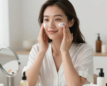 A young woman smiling confidently in front of a mirror with soft natural light highlighting her glowing skin.