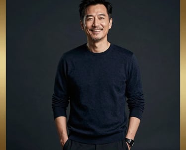 A professional portrait of a male director in his 40s with a dynamic and creative energy. He is standing on a dark cinematic set with deep charcoal navy tones and a sharp burnished gold rim light hitting his silhouette.