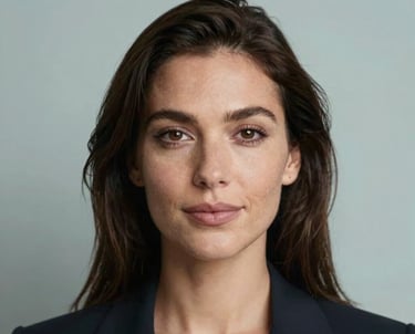 A professional headshot of a female producer. She has a confident, inspiring expression. The background is a soft-focus studio environment with muted slate blue and pale mist colors.