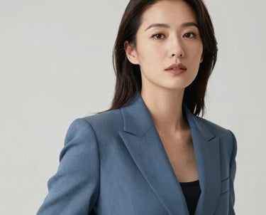 A professional headshot of a woman in her 30s with a sophisticated and visionary look. She is wearing a muted slate blue blazer, standing against a clean pale mist background with cinematic lighting.