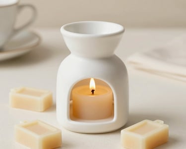 Close-up of colorful wax melts arranged artistically on a rustic tray.