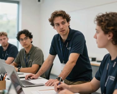 An Australian technical professional leading a workshop in a clean, modern workspace, emphasizing collaboration and professional focus.