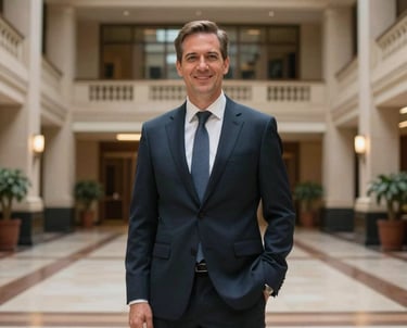 An Australian executive standing in a well-lit foyer of a major government building, conveying trust and forward-thinking leadership.