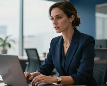 A professional Australian woman in a contemporary office setting, engaged in high-level strategic planning, with natural light and deep blue color accents.