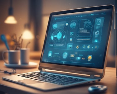 A sleek modern workspace with a laptop displaying chatbot analytics and e-commerce dashboards.