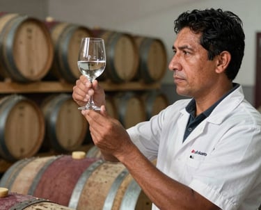 A professional male expert in a South American / Peruvian distillery environment, inspecting a glass of clear pisco with a backdrop of aging barrels.
