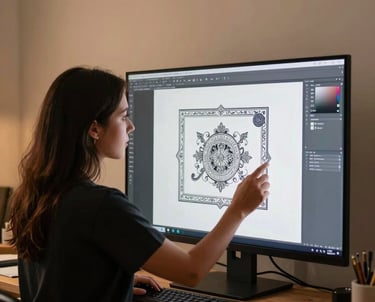 A professional South American / Peruvian designer in a minimalist studio, reviewing digital engraving layouts on a screen with warm almond room accents.