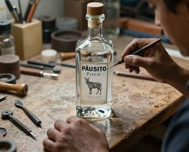 Portrait of a professional artisan in a South American / Peruvian engraving studio, focusing on a crystal pisco bottle with specialized tools nearby.