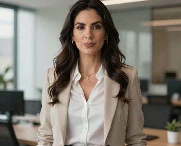 Portrait of a sophisticated female founder in a modern South American / Peruvian professional setting, dressed in elegant business attire.