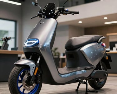 A sleek electric scooter detailed with steel blue accents, parked inside a modern South American / Brazilian showroom with industrial finishes.