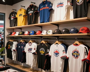 A collection of exclusive racing-themed apparel and souvenirs displayed in an organized, premium South American / Brazilian retail space.