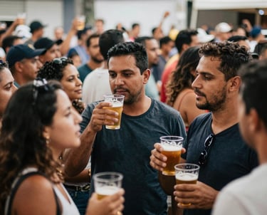 A dynamic shot of a lively crowd gathered at a social event in a South American / Brazilian hub, with people talking and holding glasses of beer. The mood is energetic and authentic.