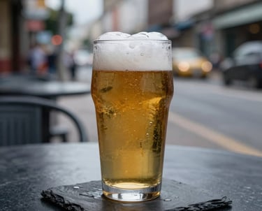 A close-up of a cold, frothy glass of beer on a dark slate navy metal table, with a blurred South American / Brazilian urban street scene in the background.