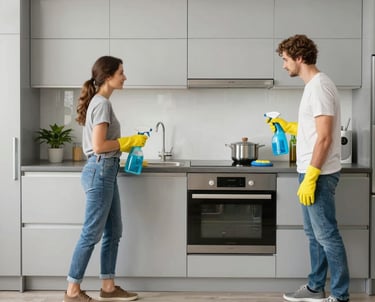 A couple wearing yellow gloves using spray bottles to clean a modern grey kitchen.
