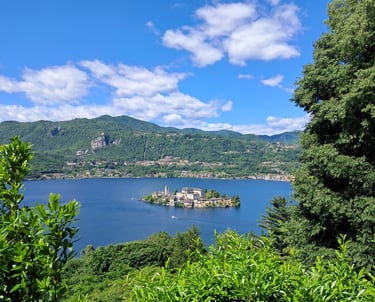 View of the Island of St. Giulio on lake Orta from the holy mount of Orta