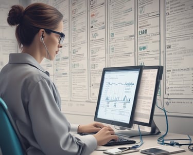A student carefully coding patient charts on a computer in a bright training room.
