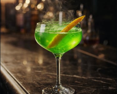 Smoking green cocktail in a coupe glass with an orange peel garnish on a dark marble bar top.