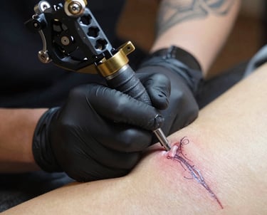 A sleek cyberpunk tattoo studio interior with neon lights and minimalist design.