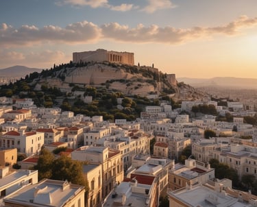 A cozy Athens apartment balcony overlooking the city skyline at sunset.