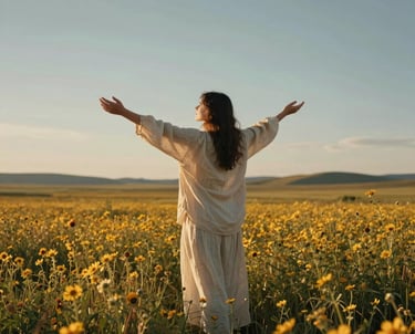 Photography of a person standing in a wide, sun-drenched wildflower field in North America / US, arms outstretched toward the sky, wearing flowing off-white linen garments, warm golden hour lighting, feeling of freedom and renewal.
