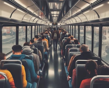 A clean, modern 17-seater AC bus parked at a sunny Delhi boarding point.