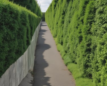 A gardener with shears trimming a well-shaped hedge under a bright blue sky.
