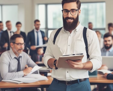 Group of employees attentively participating in a fire safety training session with a professional instructor.