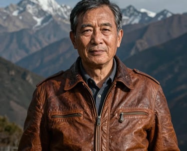 Portrait of our Founder, an adventurer in an earthy brown leather jacket, with the dark slate peaks of the Himalayas in the far background.
