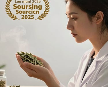 Portrait of our lead sourcing expert examining sage green mountain herbs, with a warm mist white backlight highlighting her profile.